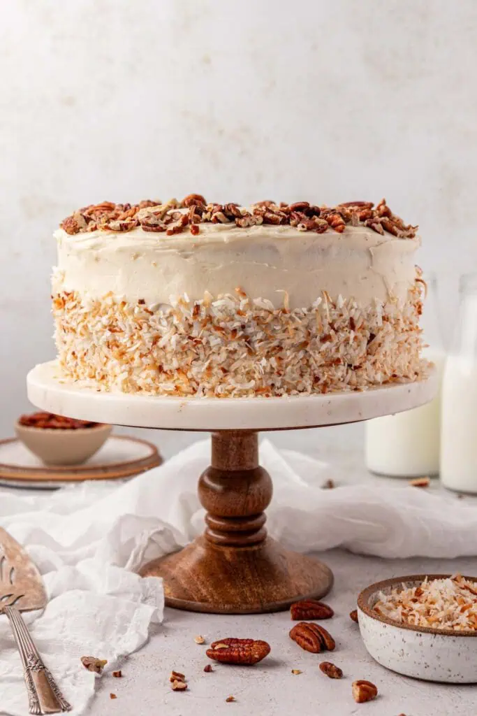 Italian cream cake on a cake stand