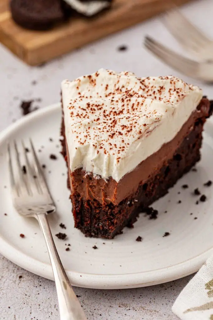 slice of mississippi mud pie on a plate with a fork