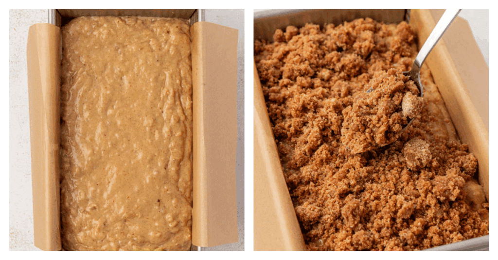 banana bread batter poured into loaf pan and topped with crumble topping