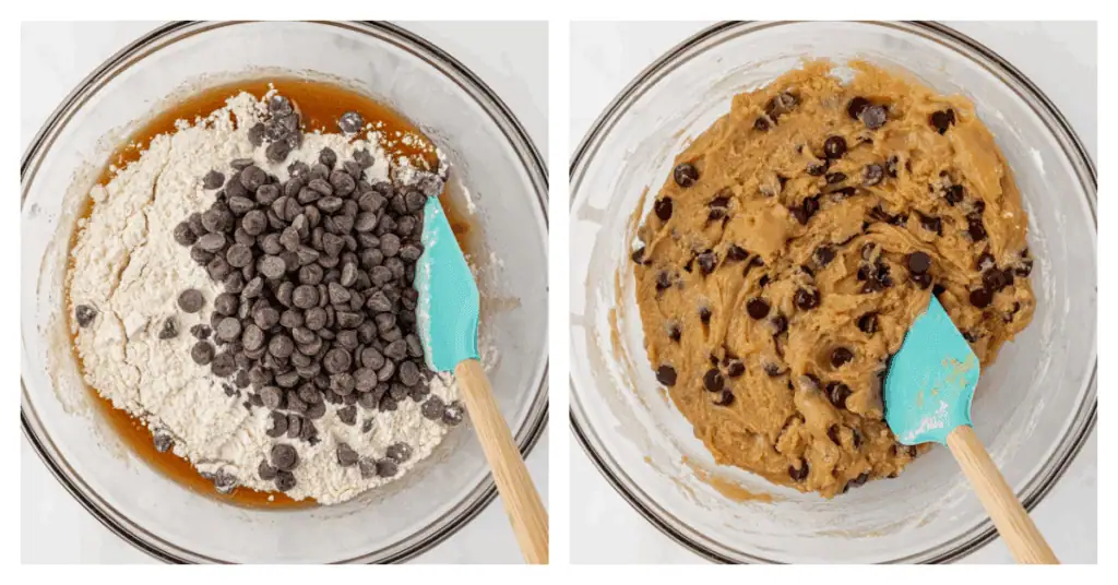 dry ingredients and chocolate chips stirred into cookie dough mixture