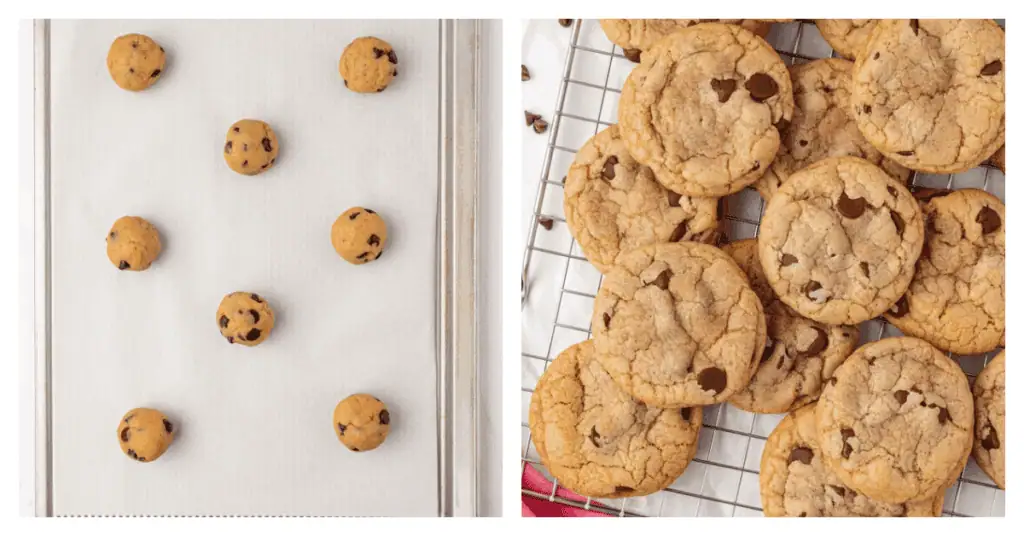 unbaked cookies on a cookie sheet and baked cookies on a wire rack