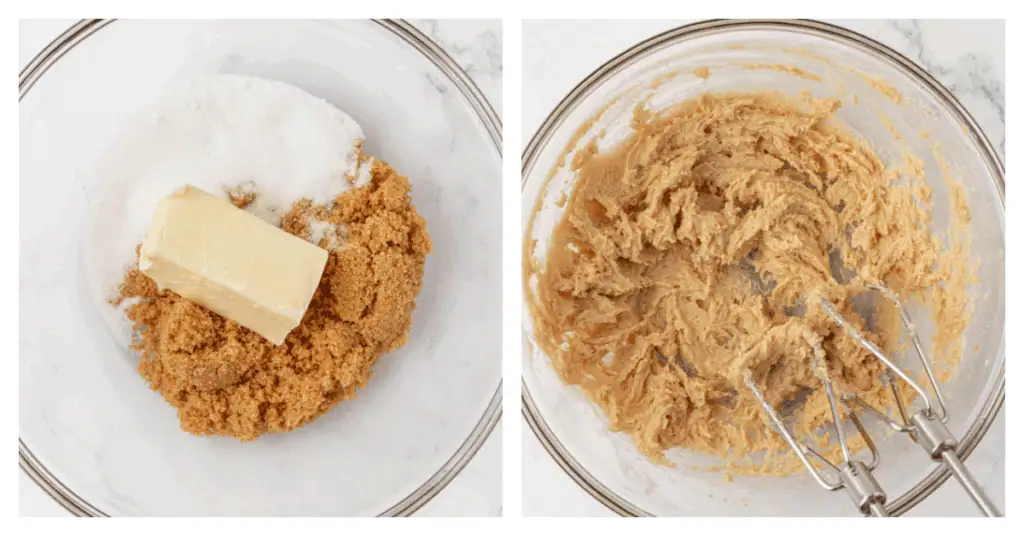 butter and sugars creamed in a bowl