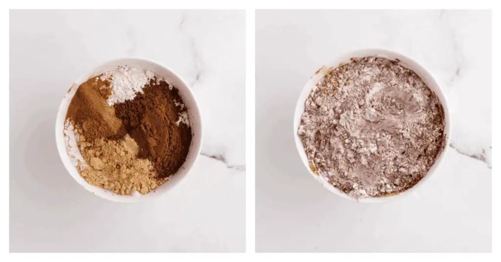flour, cocoa powder, and spices whisked in a bowl