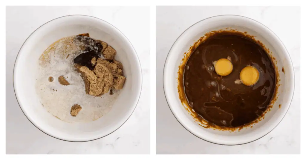 melted butter, sugar and molasses in a bowl, then eggs and vanilla added to it