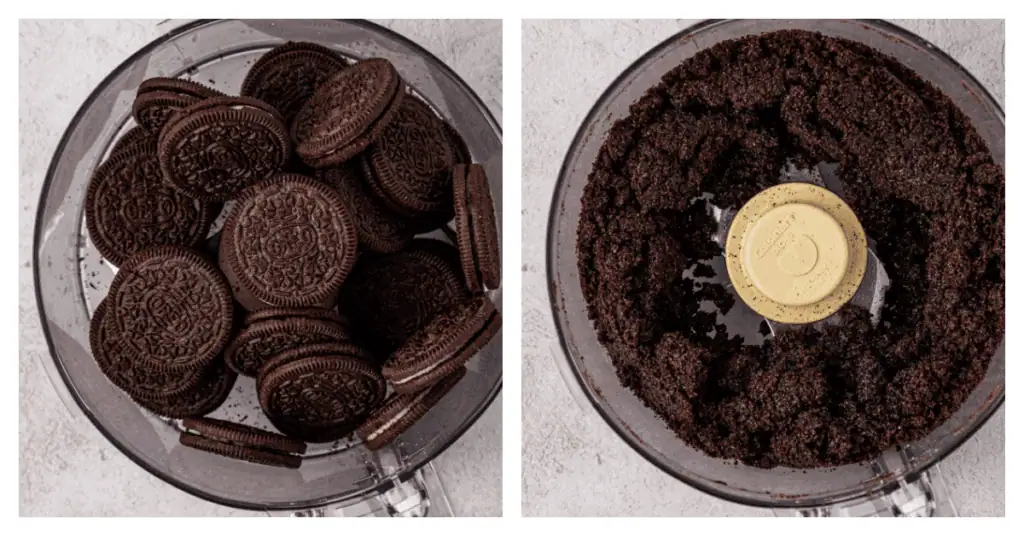 oreo cookie crust mixture in a food processor