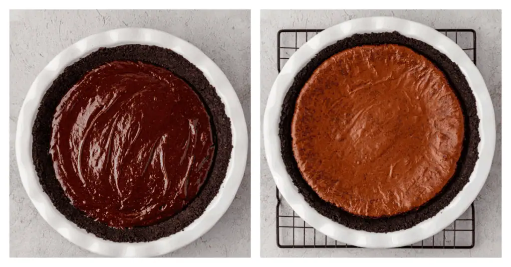 brownie batter spread into cookie crust and baked