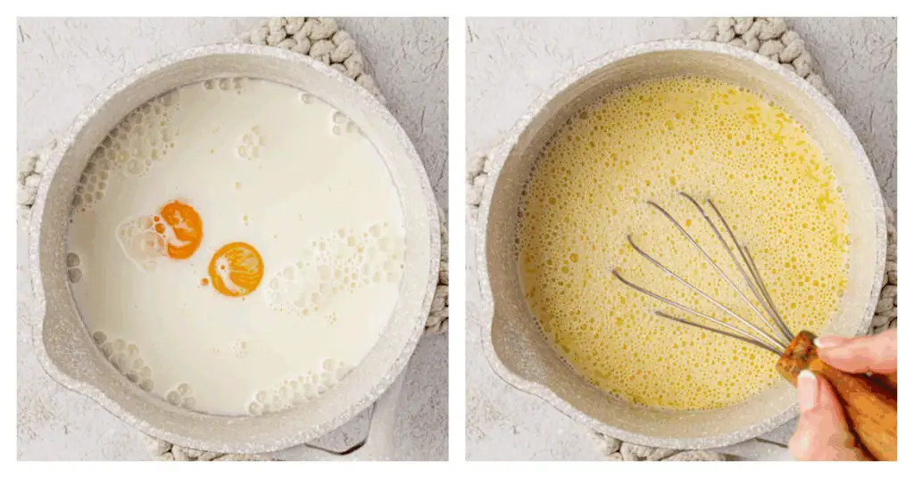milk and egg yolks mixed into saucepan