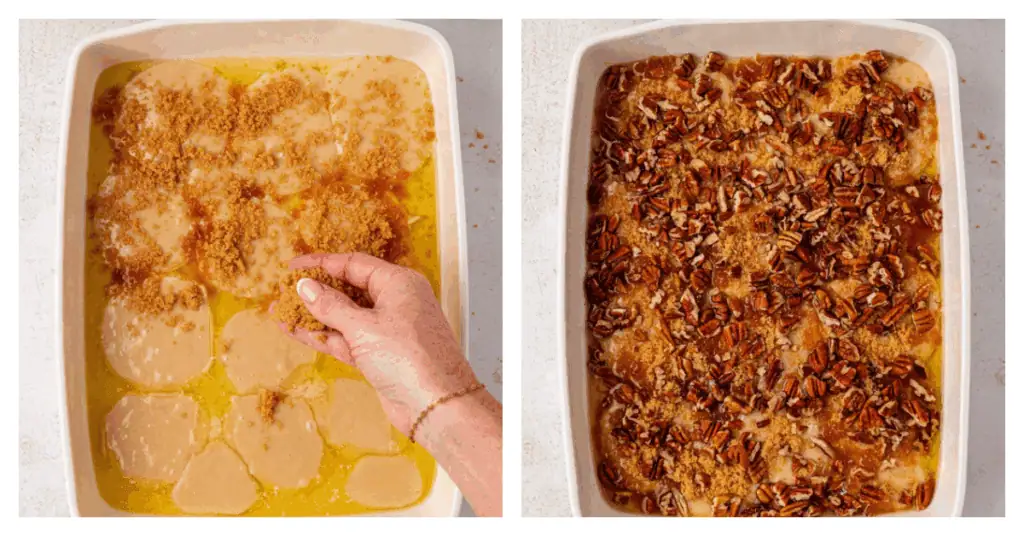 brown sugar and pecans sprinkled over the top of the batter