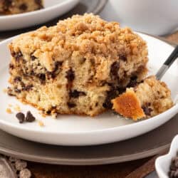 slice of chocolate chip coffee cake on a plate