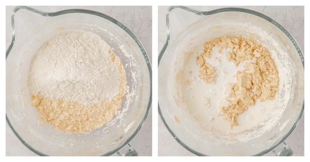 dry ingredients and milk added alternately to cake batter
