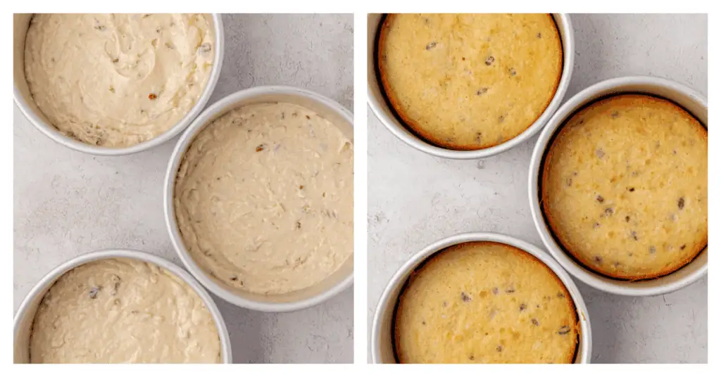cake batter divided between cake pans and baked