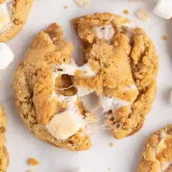 marshmallow rice krispie cookie pulled apart