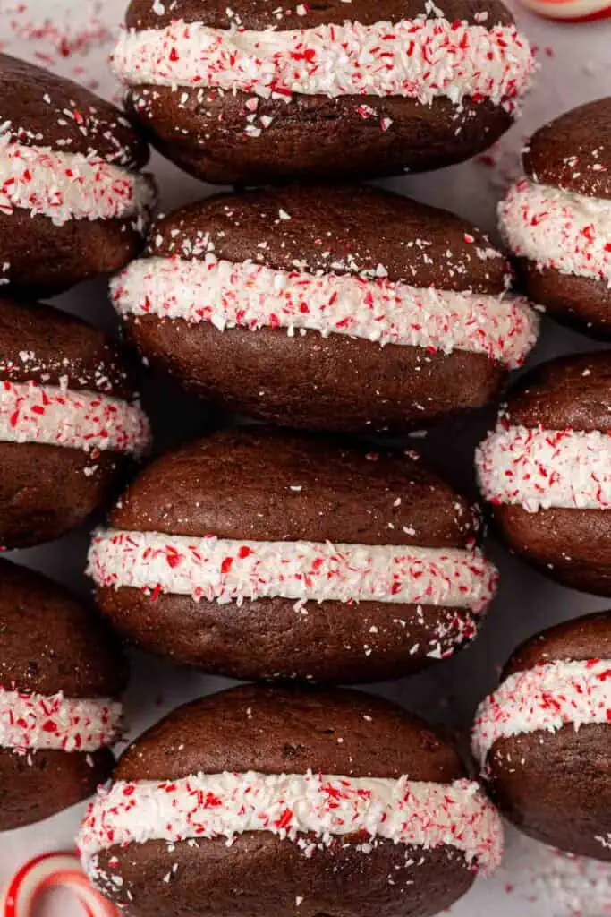 chocolate peppermint whoopie pies lined up
