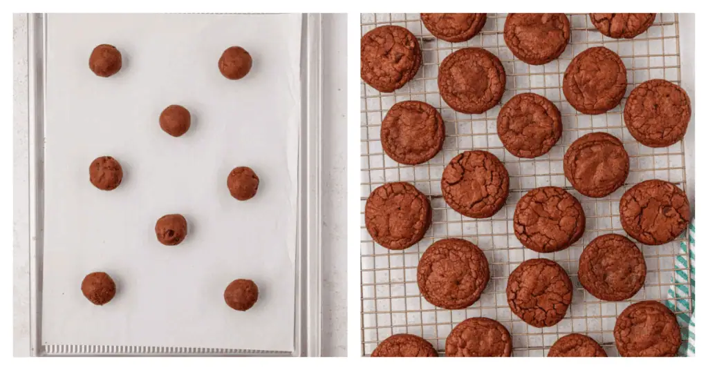un baked and baked brownie cookies on a cookie sheet
