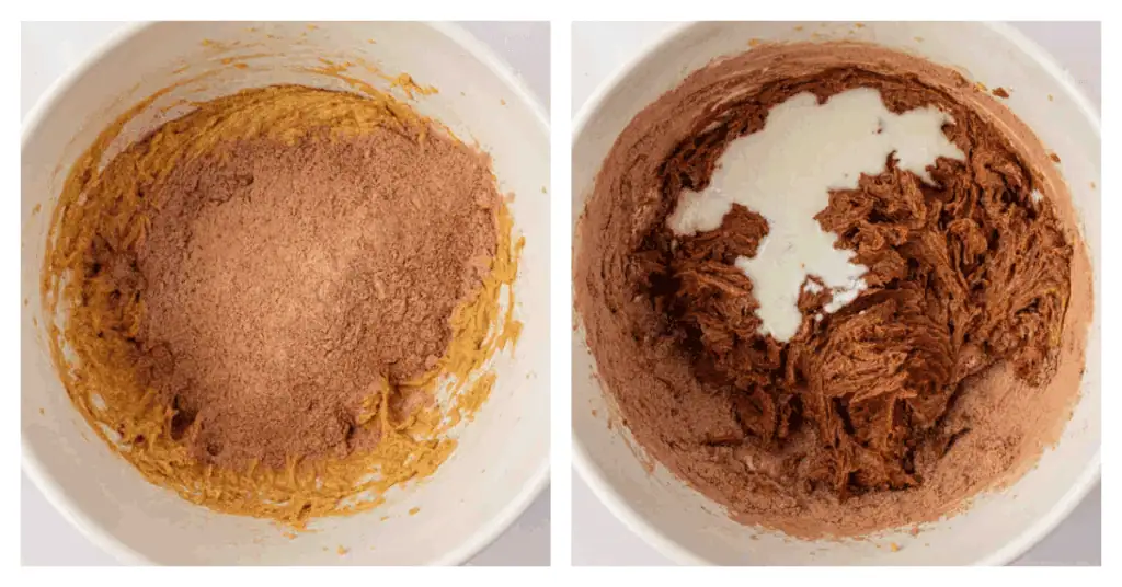 dry ingredients and buttermilk added to cake batter