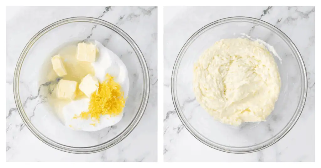 butter, sugar, oil, and zest creamed together