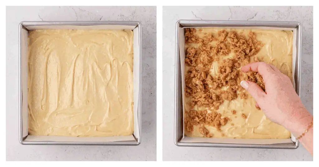 crumb topping sprinkled on top of the cake batter