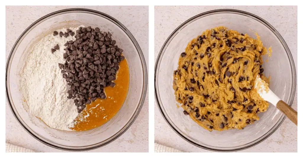 flour and chocolate chips added to cookie dough