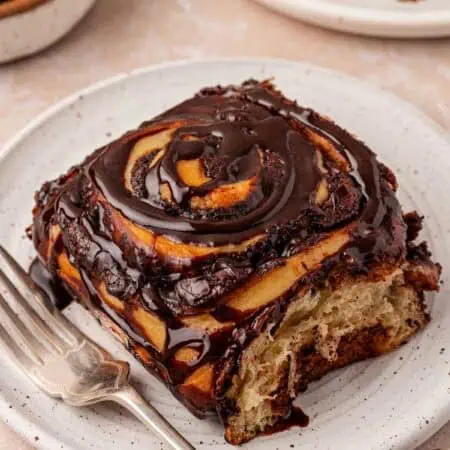 chocolate roll on a plate with a fork