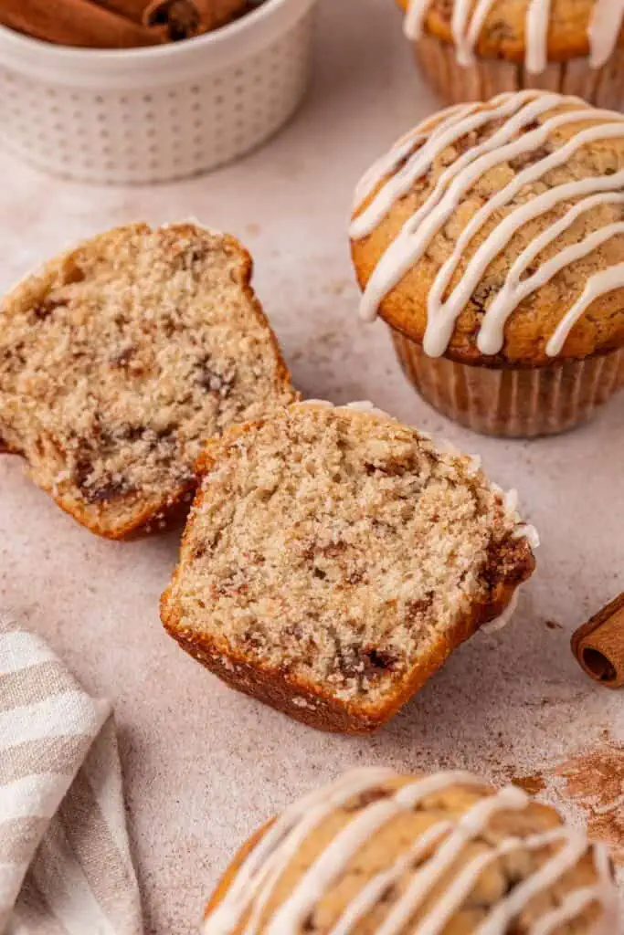 a cinnamon roll muffin cut in half