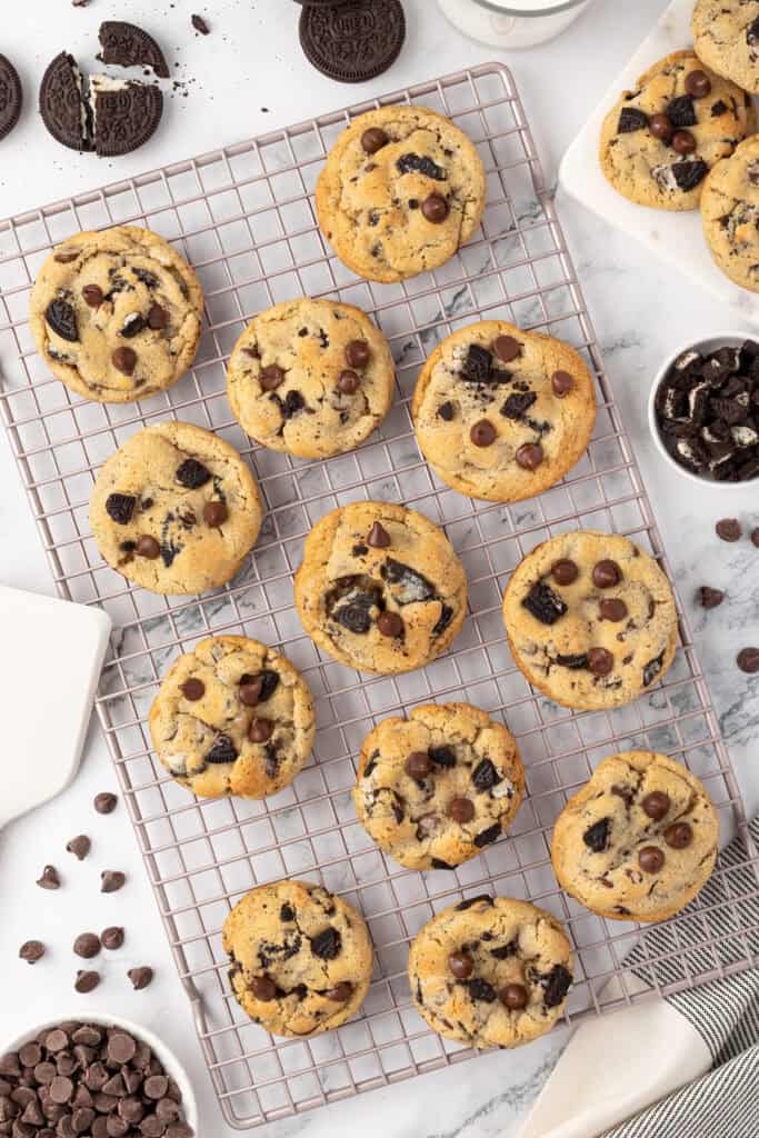 baked oreo chocolate chip cookies on a wire rack