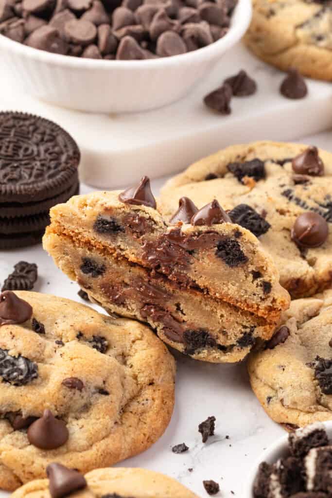 oreo chocolate chip cookie cut in half