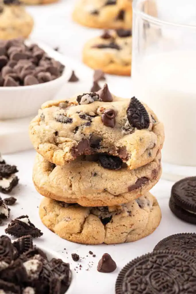 three oreo chocolate chip cookies stacked
