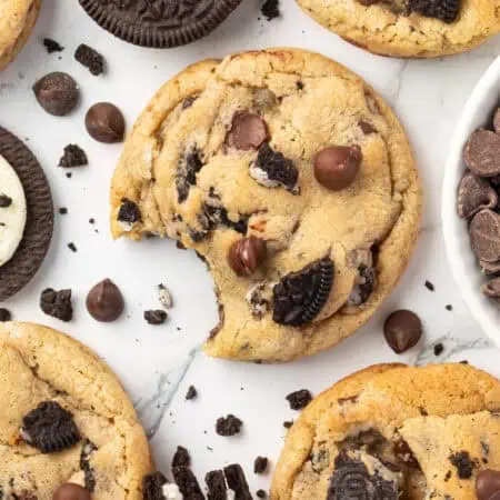 oreo chocolate chip cookie with a bite taken out of it