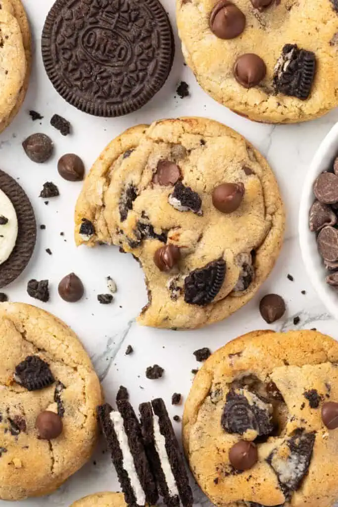 oreo chocolate chip cookie with a bite taken out of it