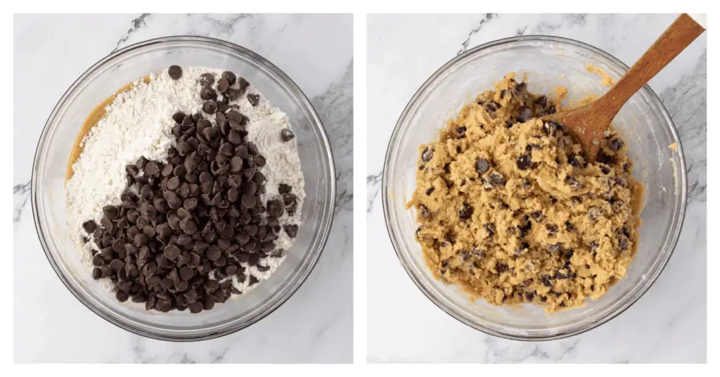 dry ingredients and chocolate chips stirred into cookie dough