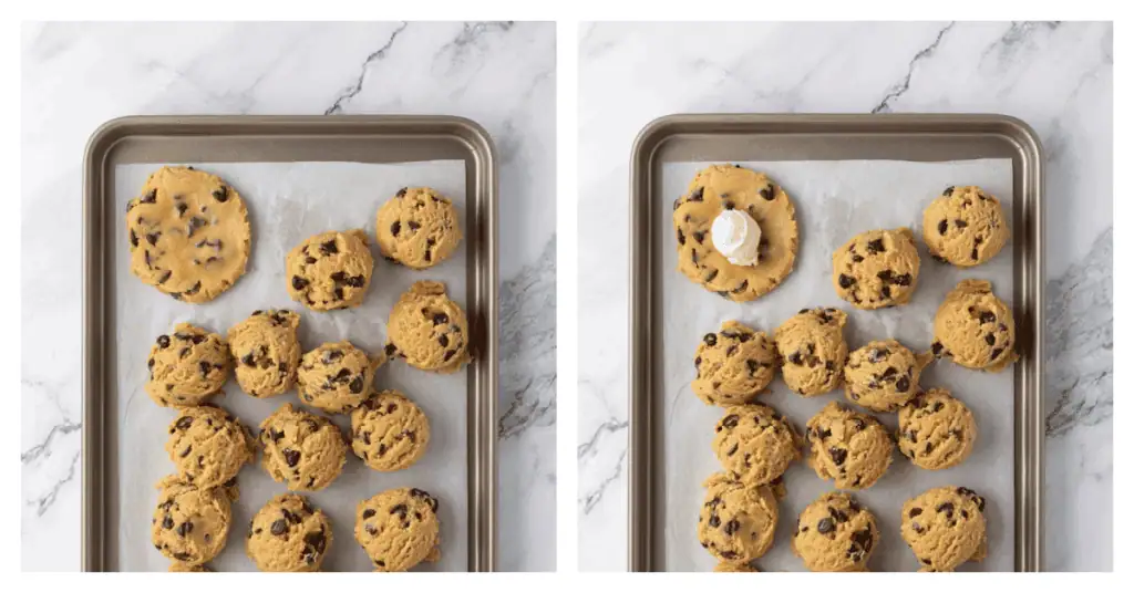 cookie dough balls flattened and filled with the cheesecake filling