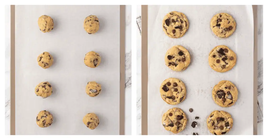 cookie dough balls on a cookie sheet baked and unbaked