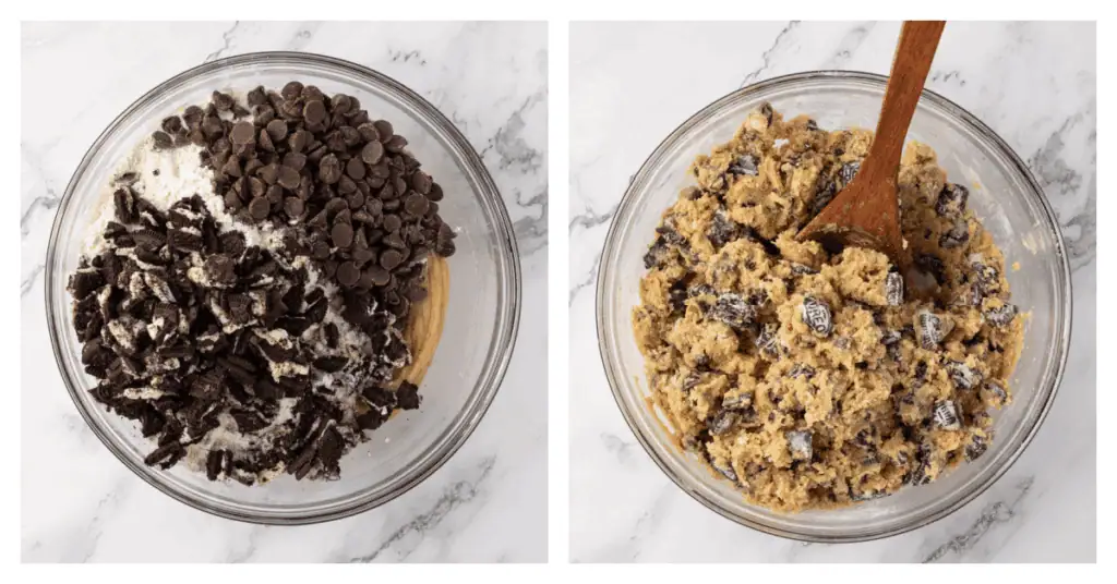 dry mixture, oreos, and chocolate chips stirred into the cookie dough