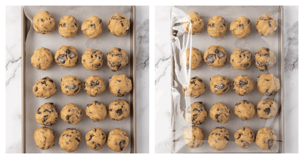cookies scooped onto a cookie sheet and then wrapped in plastic to chill