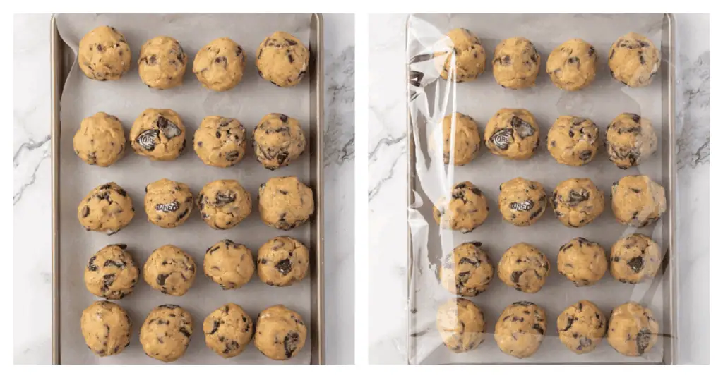 cookies scooped onto a cookie sheet and then wrapped in plastic to chill