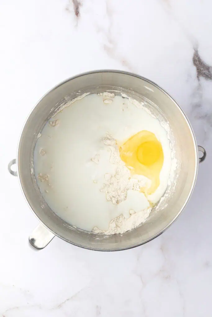 egg and buttermilk added to dough mixture