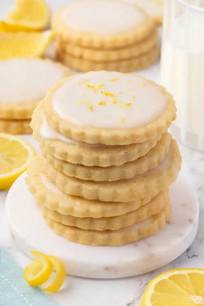 A stack of lemon shortbread cookies
