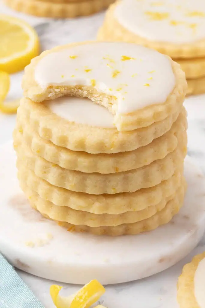 a stack of lemon shortbread cookies