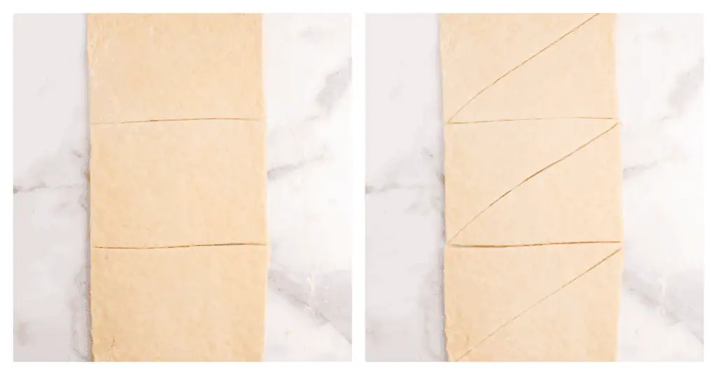 dough cut into 3 rectangles then into 6 triangles