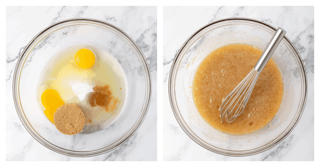eggs, sugar, vanilla, and oil whisked together