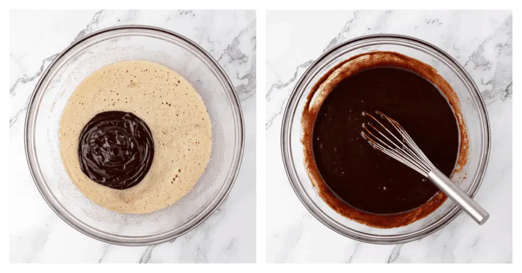 chocolate mixture whisked into the wet ingredients