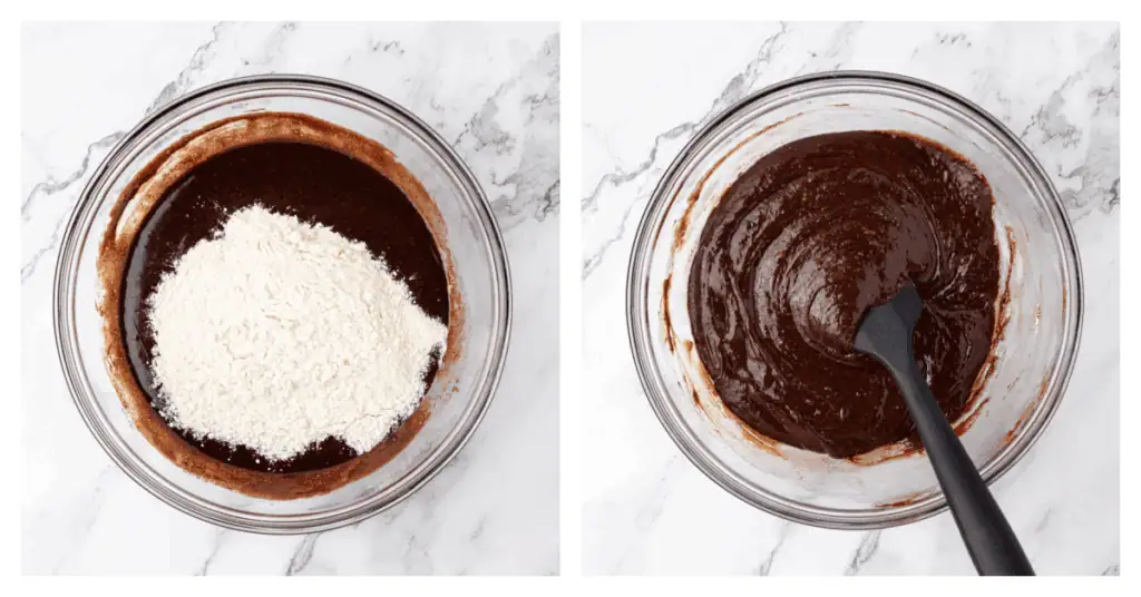 dry ingredients stirred into the chocolate mixture