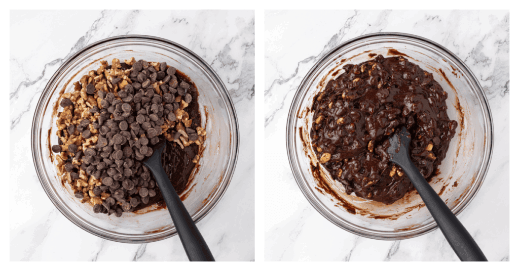 walnuts and chocolate chips stirred into the brownie batter