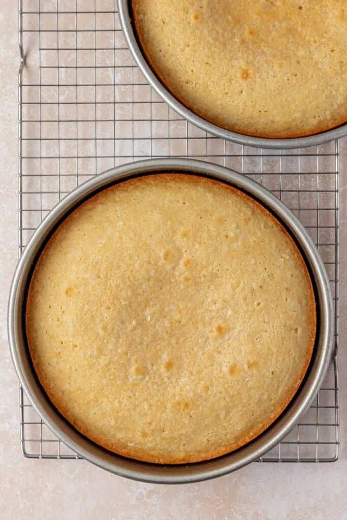 baked coconut cake layers in a wire rack