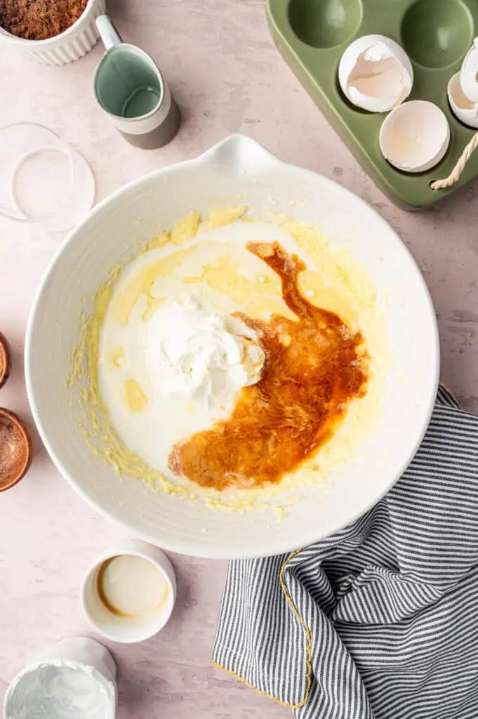 vanilla, sour cream, and oil added to the cake batter