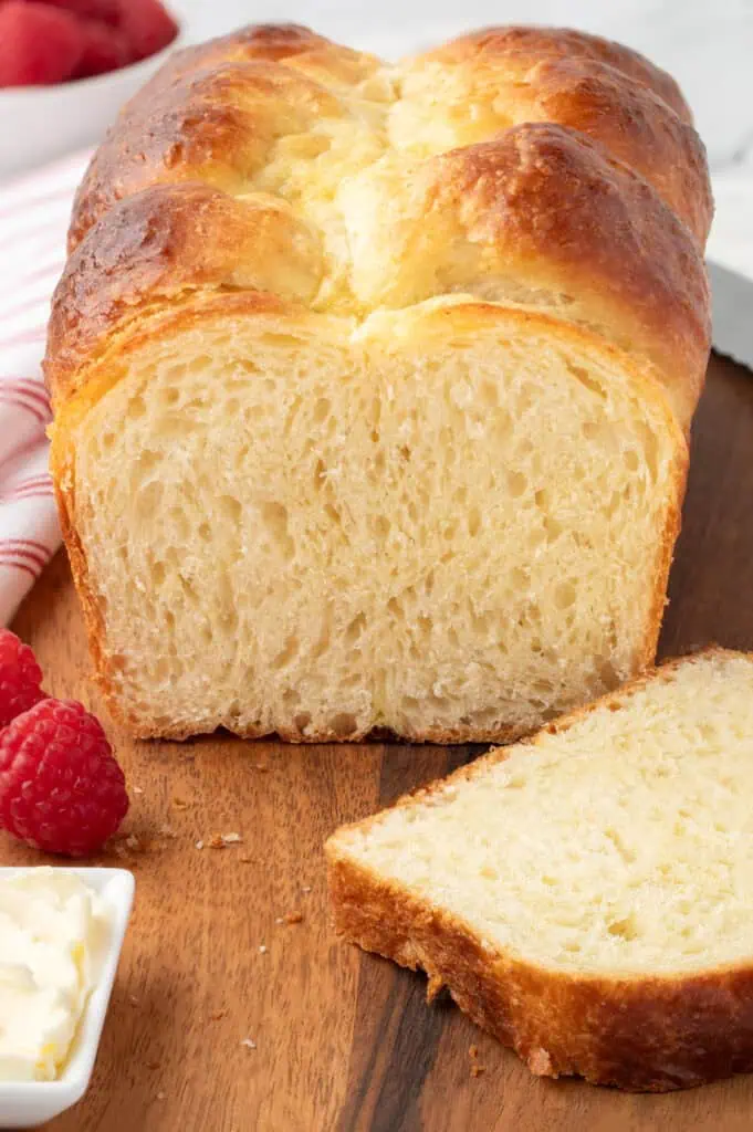 loaf of no knead brioche sliced