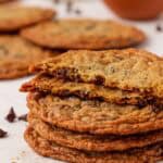 a stack of thin chocolate chip cookies