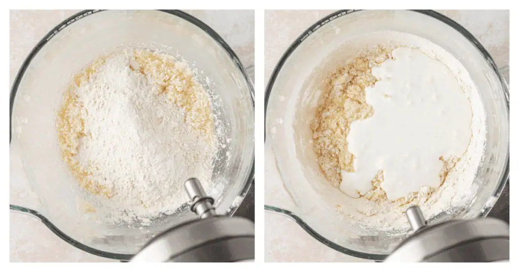 flour and buttermilk added to cake batter