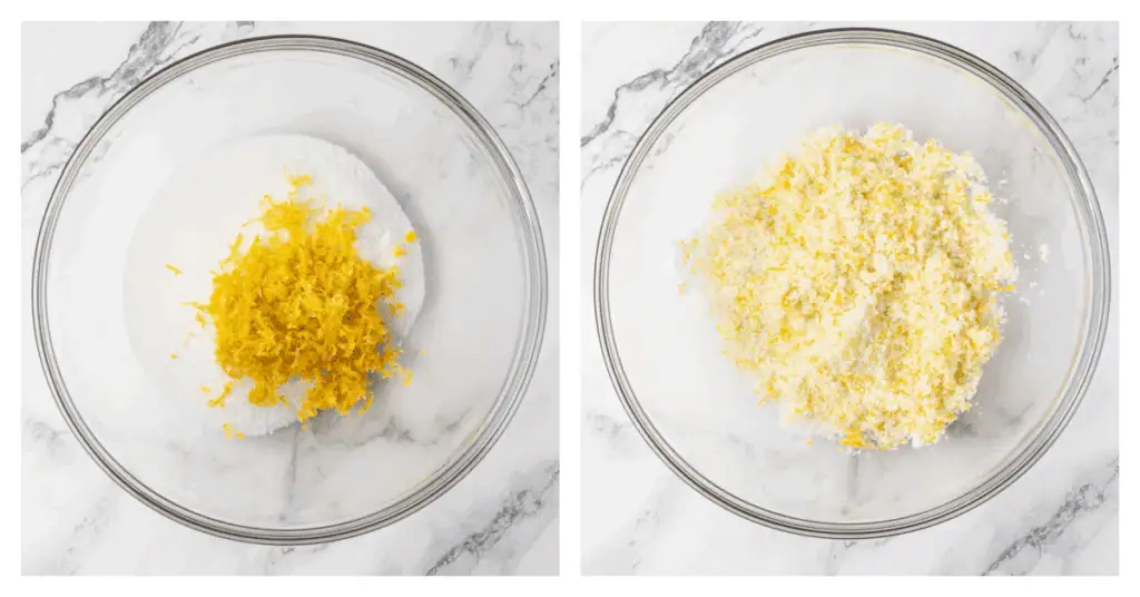 sugar and lemon zest combined in a bowl