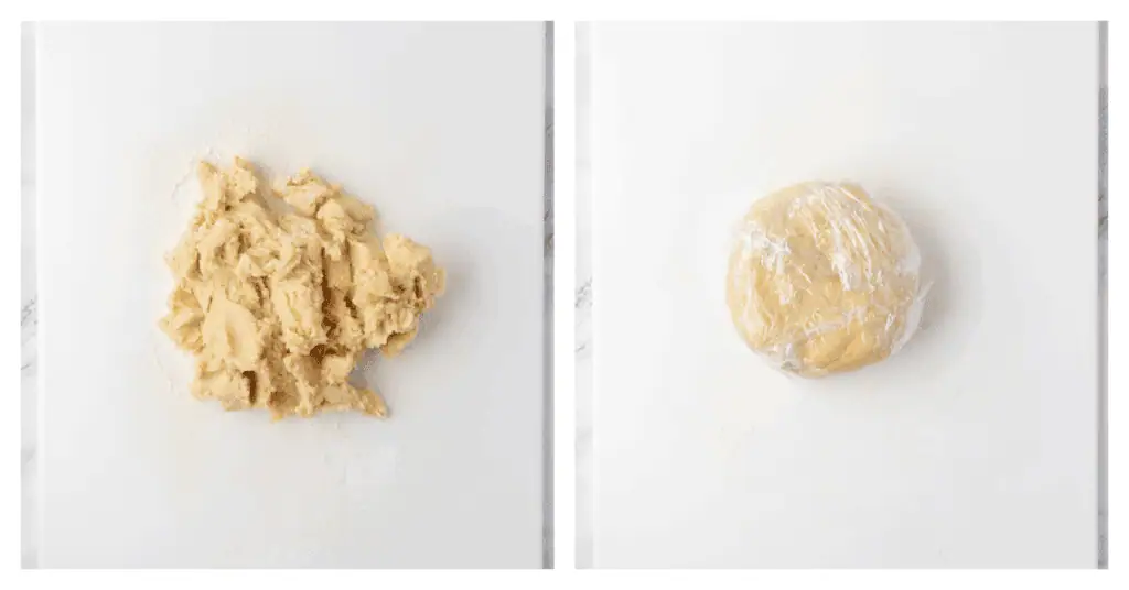 cookie dough shaped into a disc and wrapped in plastic wrap